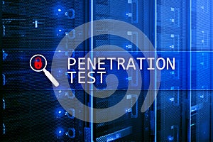 Penetration test. Cybersecurity and data protection. Hacker attack prevention. Futuristic. server room on background