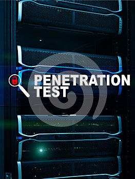 Penetration test. Cybersecurity and data protection. Hacker attack prevention. Futuristic ï¿½server room on background.