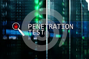 Penetration test. Cybersecurity and data protection. Hacker attack prevention. Futuristic ï¿½server room on background.