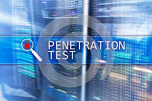 Penetration test. Cybersecurity and data protection. Hacker attack prevention. Futuristic server room on background.