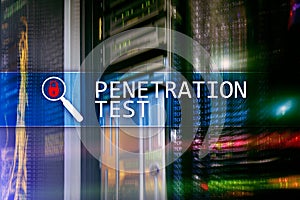 Penetration test. Cybersecurity and data protection.Hacker attack prevention. Futuristic server room on background