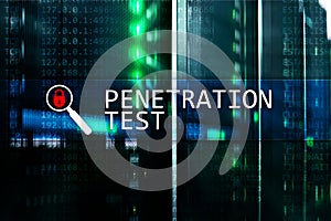 Penetration test. Cybersecurity and data protection. Hacker attack prevention. Futuristic Ã¯Â¿Â½server room on background. photo