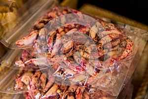 Penghu island Pescadores Taiwan October 14, 2019 Traditional Taiwanese street food in marketplace. Dried seafood snacks