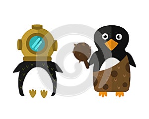 Penguin aqualung vector animal character illustration.