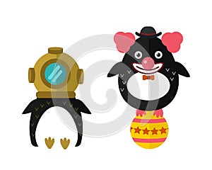 Penguin aqualung vector animal character illustration.