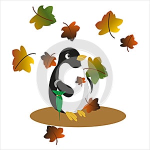 Penguin. Autumn. Leaves are falling. Autumn foliage. Pingin with a green umbrella.