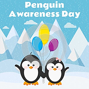 Penguin awareness day card with cute penguin couple boy and girl stand with colorful balloons on arctic background.