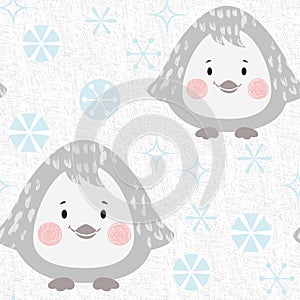 Penguin baby winter seamless pattern. Cute animal in snowy forest christmas print.