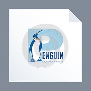 Penguin on the background of letters and text. Logo, emblem.