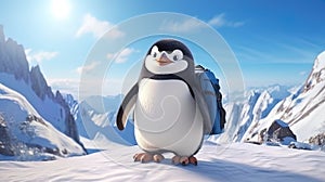 Penguin with a backpack walking on the snowy tops of the mountains