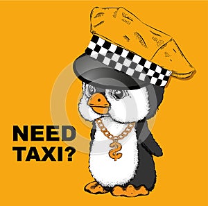 Penguin in a cap taxi driver. Penguin on the background of the city. Vector illustration