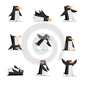 penguin cartoon flat style in action set