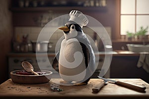 penguin a chef standing in the kitchen