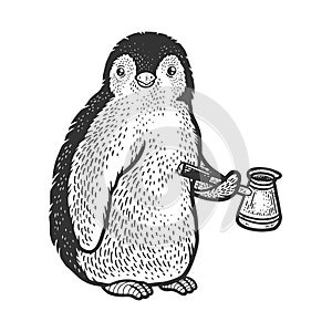 Penguin with coffee cezve sketch vector