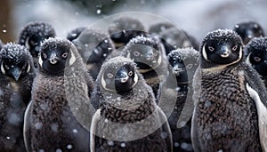 Penguin colony in arctic, looking at camera generated by AI