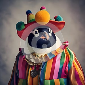 A penguin in a colorful clown outfit, ready to entertain at the circus1