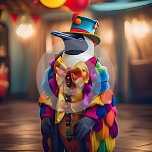 A penguin in a colorful clown outfit, ready to entertain at the circus5