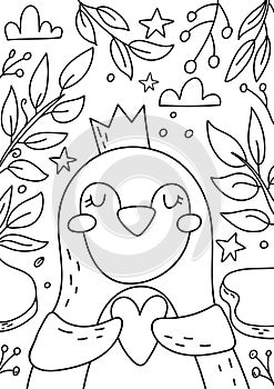 Penguin coloring book for kids and adults. Beautiful christmas coloring page