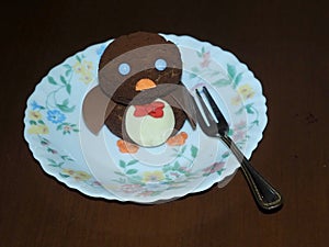 Penguin Dessert Cake On Plate With Fork