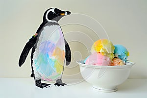 penguin drawing next to a bowl of rainbow sherbet ice cream