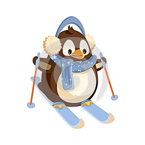 Penguin in Earmuffs and Scarf on Skis with Sticks