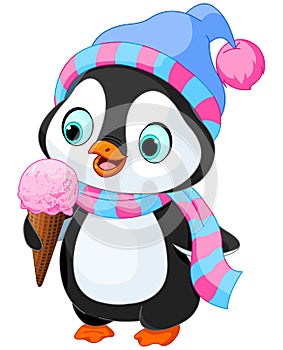 Penguin eats an ice cream