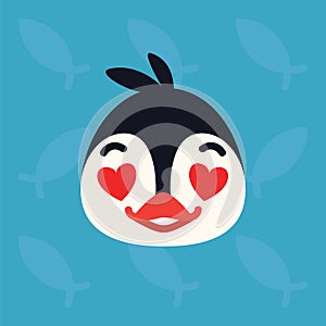 Penguin emotional head. Vector illustration of cute arctic bird shows amorous emotion. In love emoji. Smiley icon. Print