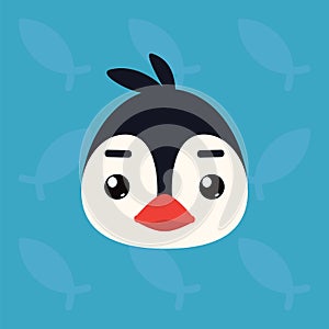 Penguin emotional head. Vector illustration of cute arctic bird shows neutral emotion. Poker face emoji. Smiley icon