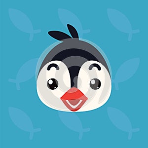 Penguin emotional head. Vector illustration of cute arctic bird shows surprised emotion. Shocked emoji. Smiley icon