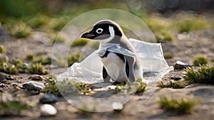 Penguin entangled in plastic bag environmental awareness save animals