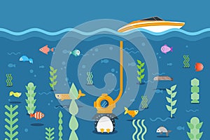 Penguin explores underwater world with three-cap, vector illustration. Fish swim around flightless bird, device tube