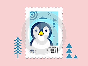 Penguin face in blue style - Christmas stamp flat design for greeting card and multi purpose - Vector illustration