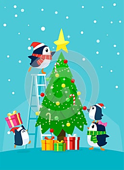 Penguin family decorating christmas tree