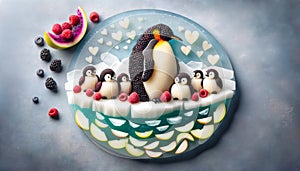 Penguin Family Dessert on Iceberg with Fruits photo