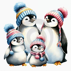 Penguin family in knitted hats and scarves, Winter penguins, Christmas penguins