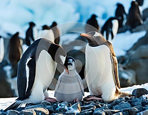 A penguin family in their icy habitat