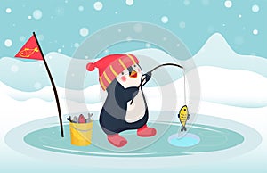 Penguin fisherman caught fish