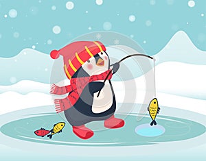 Penguin fisherman caught fish