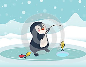 Penguin fisherman caught fish