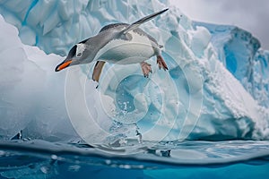 Penguin is flying over an iceberg in the ocean after diving from it into the water