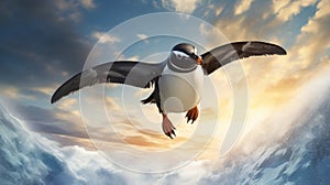 Penguin Flying Over A Majestic Mountain - Photorealistic Renderings