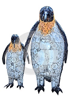 penguin funny sculpture made from scrap metal on white background with work path