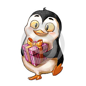 Penguin with Gift Box. Animal Character Design. Children Book Design