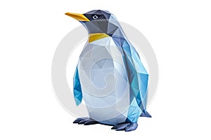 Penguin with glowing blue and white ice-themed designs, low poly on a white background.