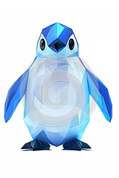 Penguin with glowing blue and white ice-themed designs, low poly on a white background.