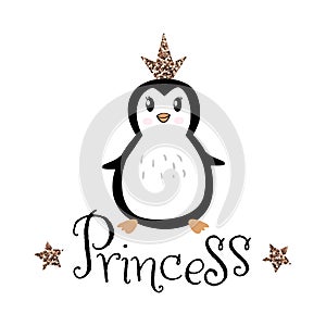 Penguin with golden glitter crown and lettering Princess isolated on white. Baby girl Doodle cute animal illustration