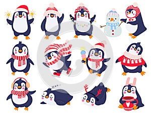 Penguin. Hand drawn cute penguins in winter clothing and hat, merry christmas greetings arctic animals in outerwear