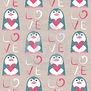 Penguin with heart seamless pattern