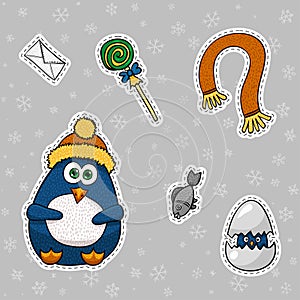 Penguin and his winter holiday - paper stickers set