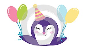 Penguin holding balloons vector.